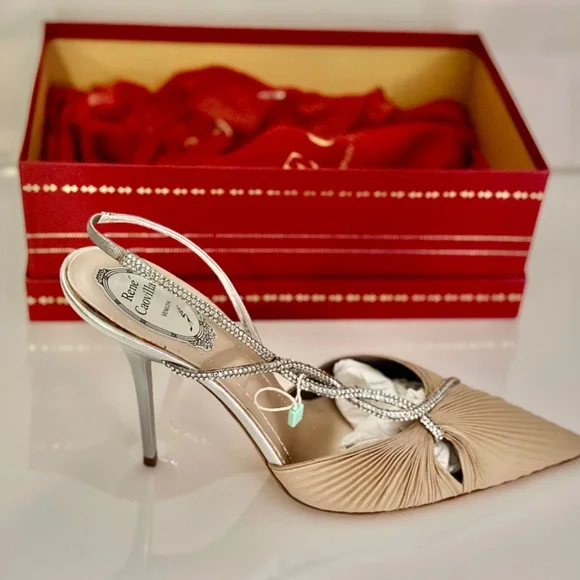 René Caovilla Satin Crystal Embellishments Slingback Pumps